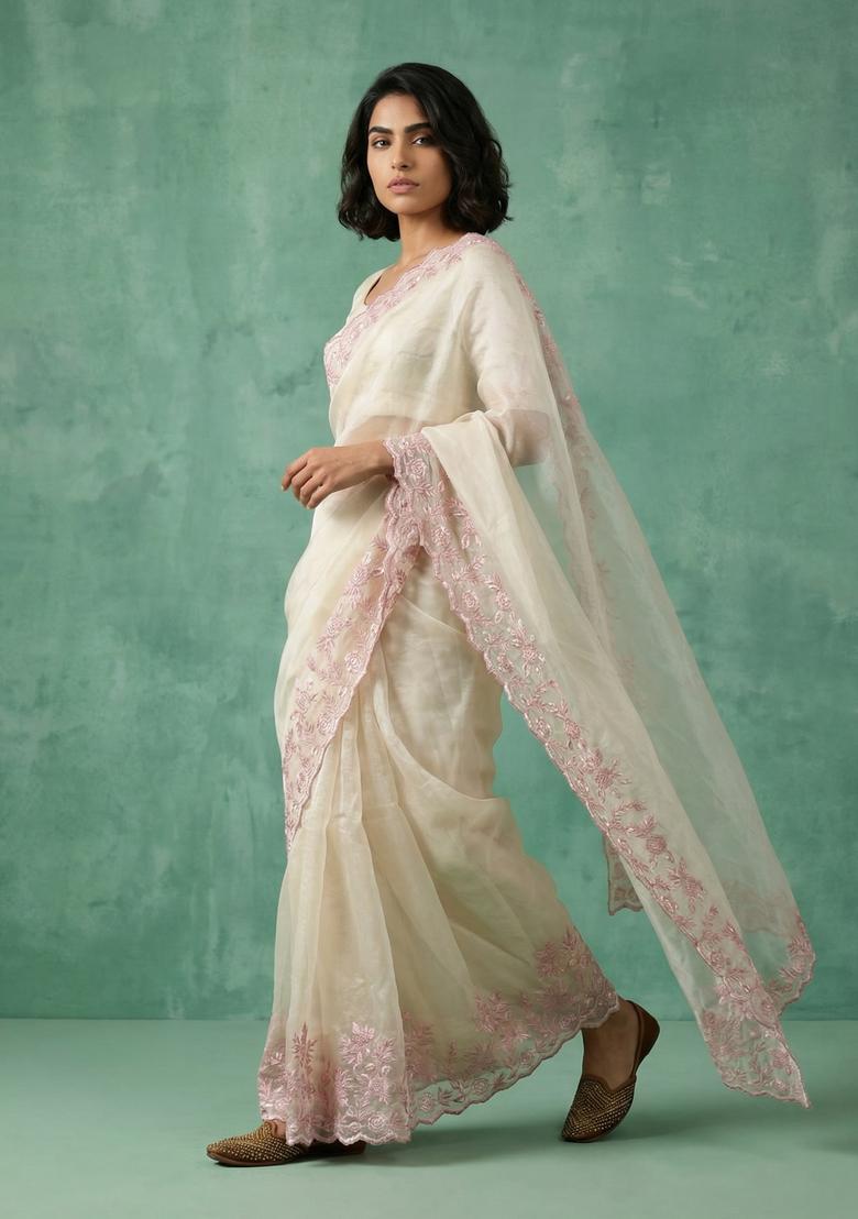 Cream Embroidery Silk Saree Set - Indya
