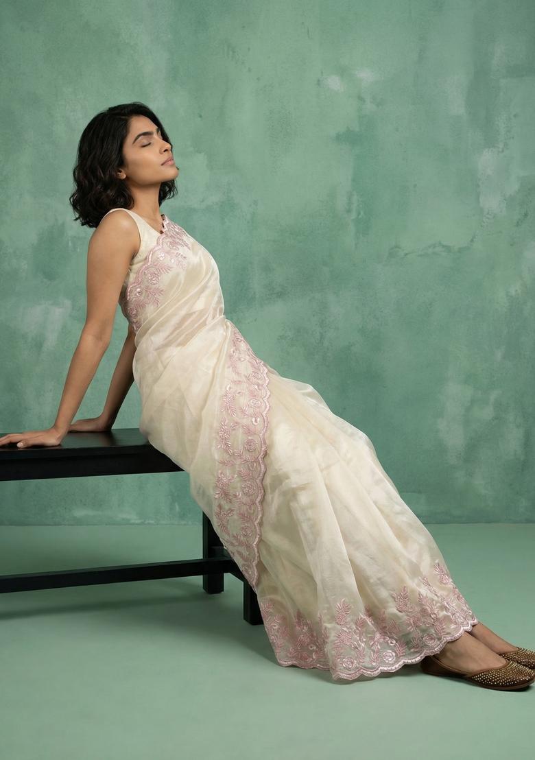 Cream Embroidery Silk Saree Set - Indya