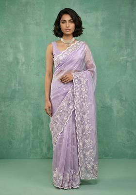 Lavender Embroidery Silk Saree Set