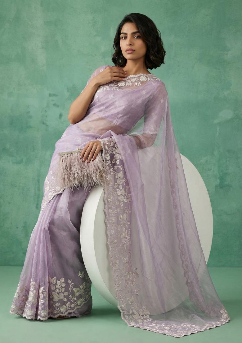 Lavender Embroidery Silk Saree Set - Indya