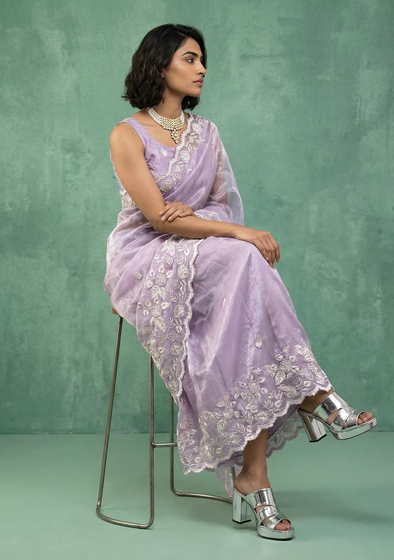 Lavender Embroidery Silk Saree Set - Indya