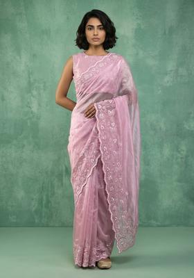 Pink Embroidery Silk Saree Set