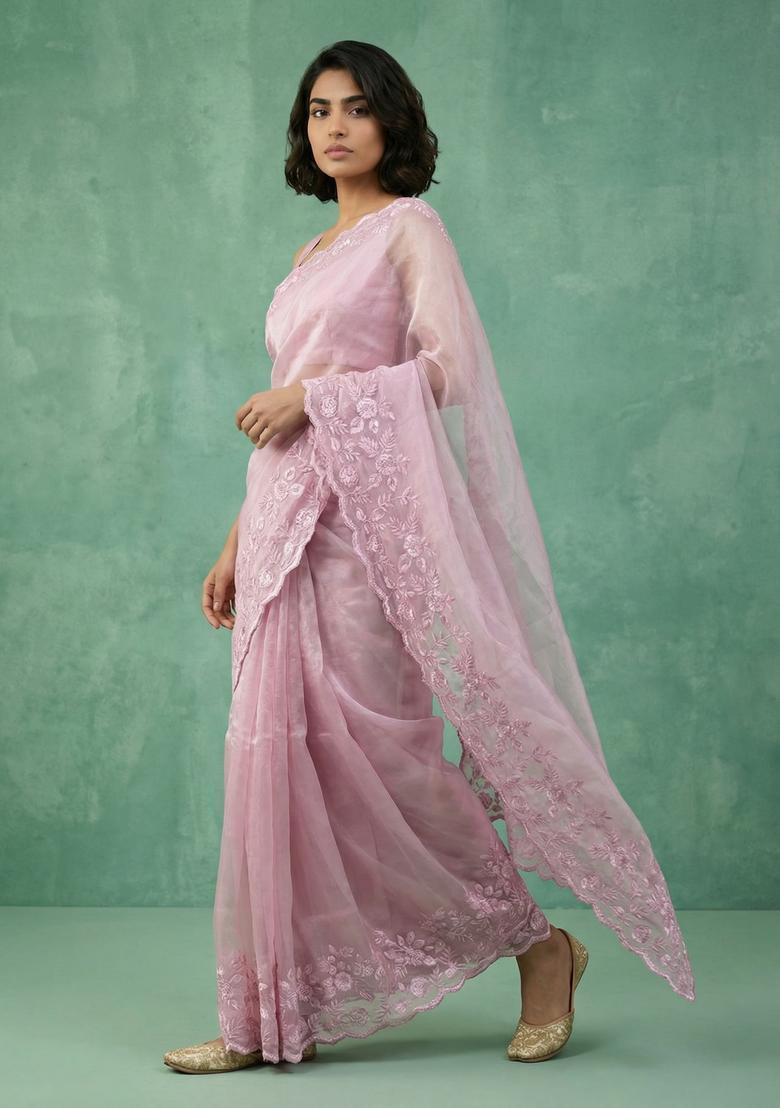 Pink Embroidery Silk Saree Set - Indya