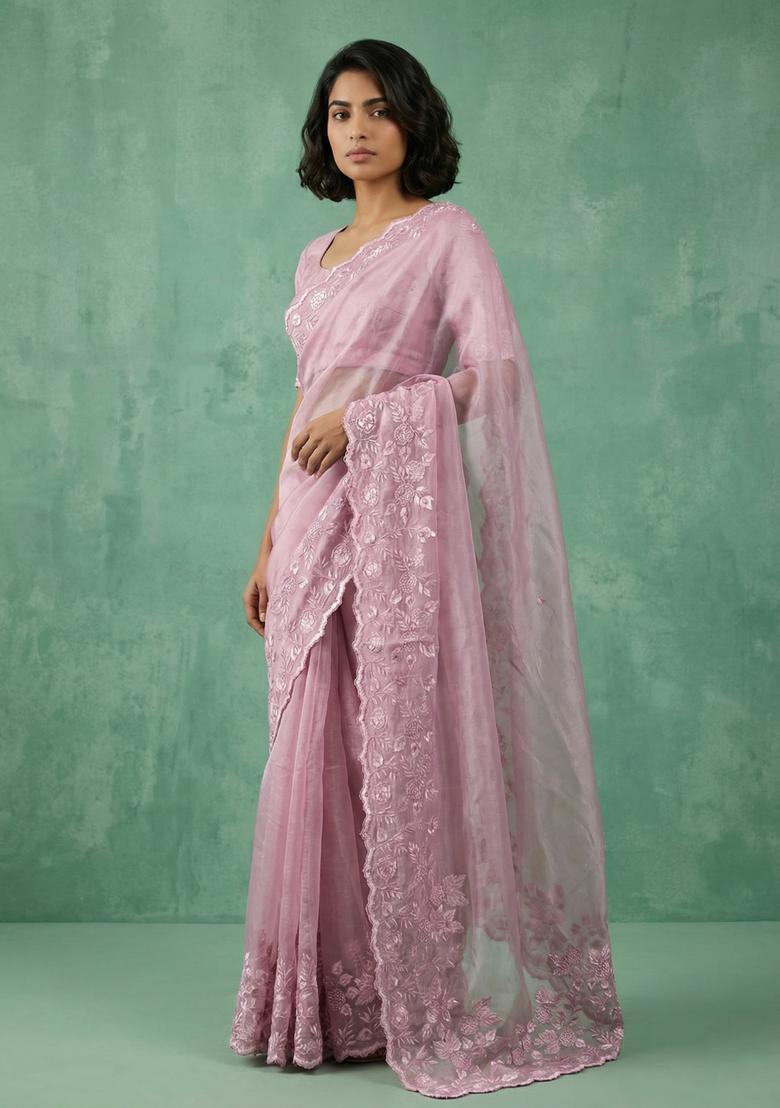 Pink Embroidery Silk Saree Set - Indya