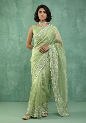 Green Embroidery Silk Saree Set