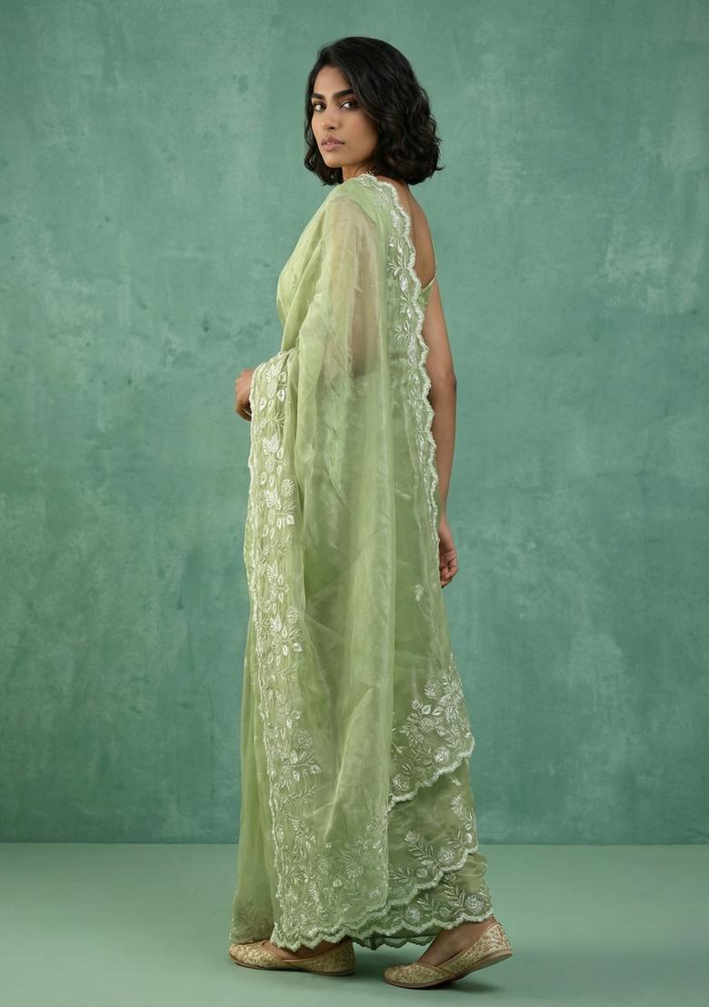 Green Embroidery Silk Saree Set - Indya