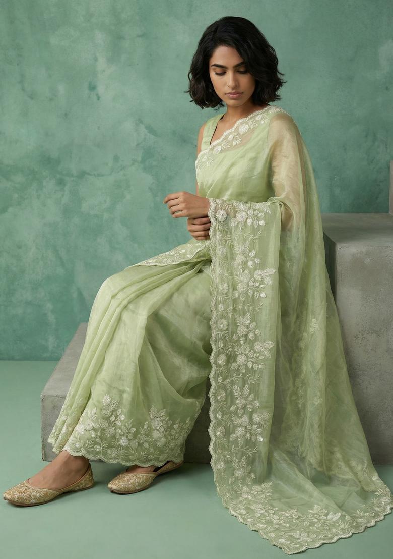 Green Embroidery Silk Saree Set - Indya