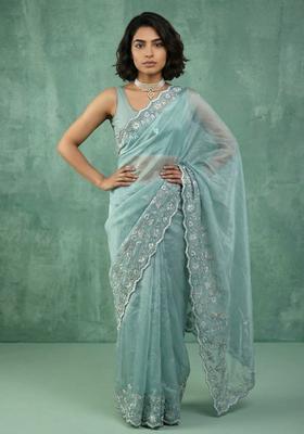 Sky Blue Embroidery Silk Saree Set