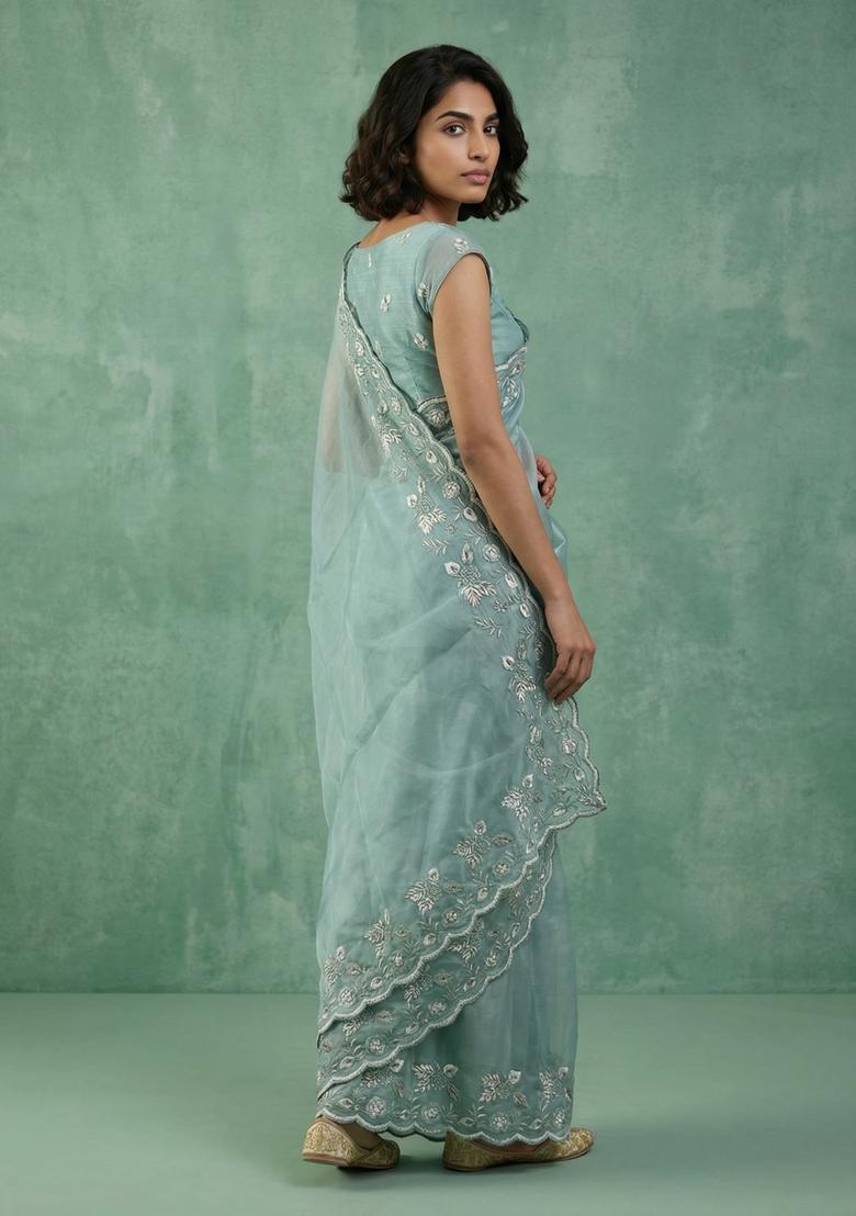 Sky Blue Embroidery Silk Saree Set - Indya