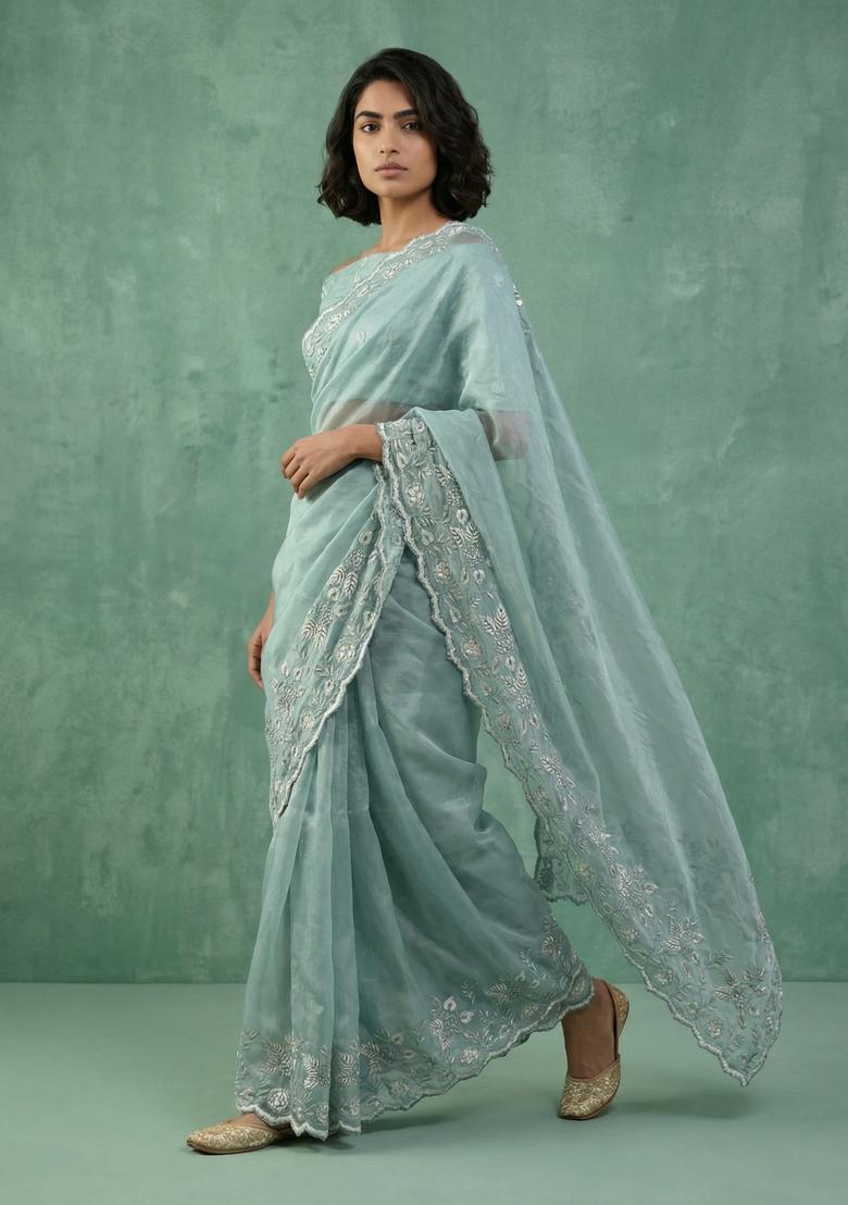 Sky Blue Embroidery Silk Saree Set - Indya