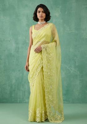 Yellow Embroidery Silk Saree Set