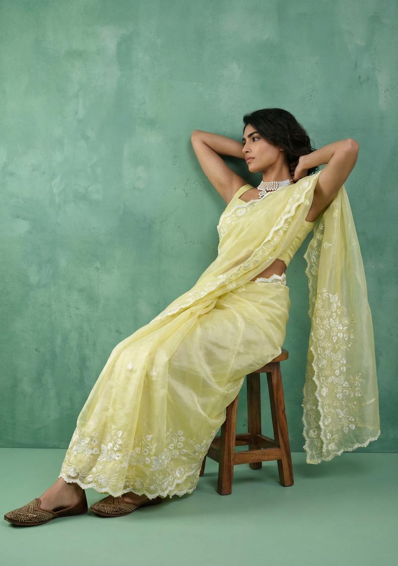 Yellow Embroidery Silk Saree Set - Indya