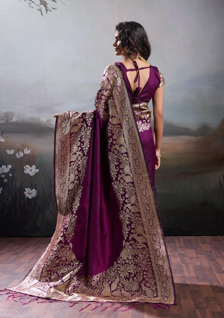 Wine Zari Work Silk Saree Set - Indya
