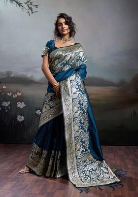 Navy Blue Zari Work Silk Saree Set