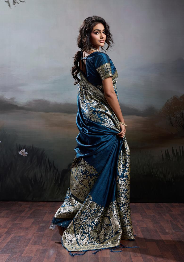 Navy Blue Zari Work Silk Saree Set - Indya