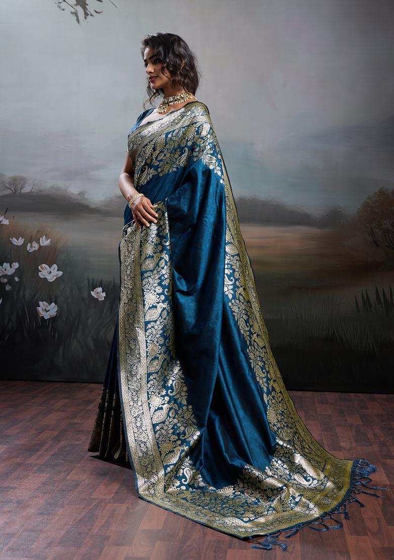 Navy Blue Zari Work Silk Saree Set - Indya