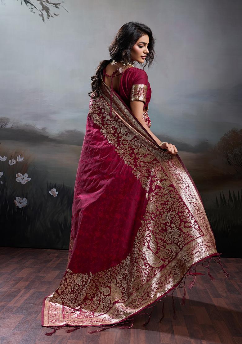 Maroon Zari Work Silk Saree Set - Indya
