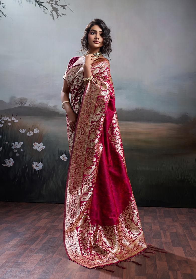 Maroon Zari Work Silk Saree Set - Indya
