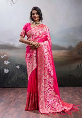 Pink Zari Work Silk Saree Set
