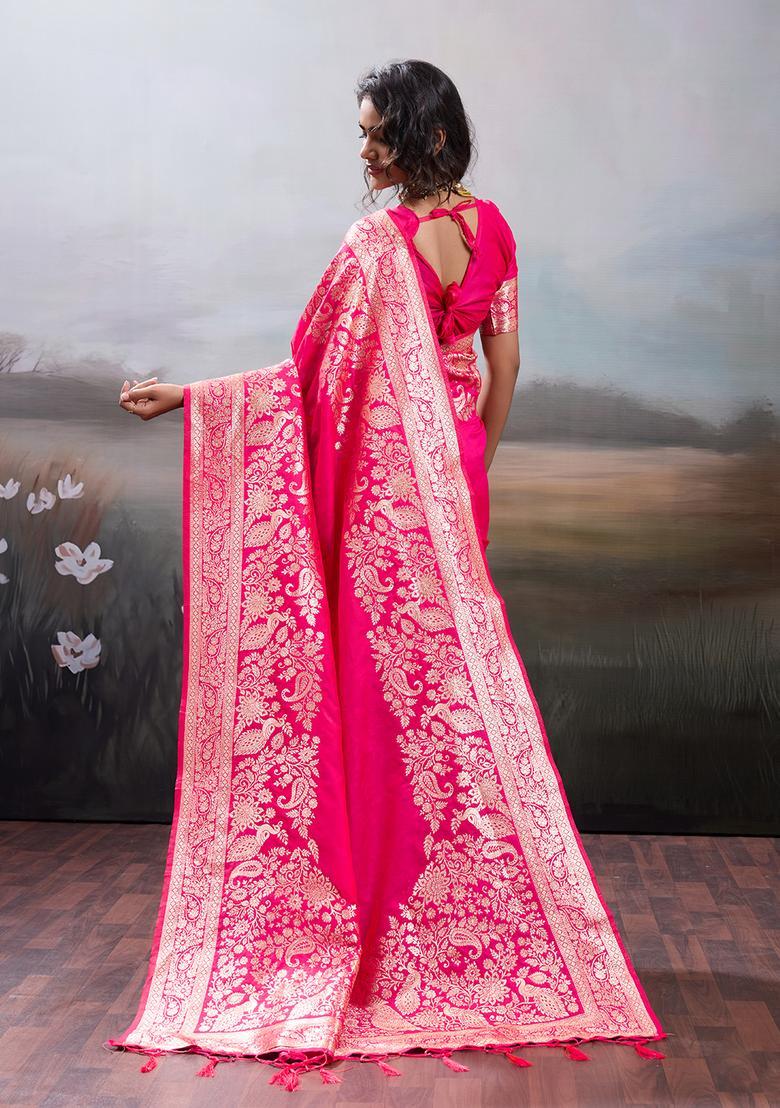 Pink Zari Work Silk Saree Set - Indya
