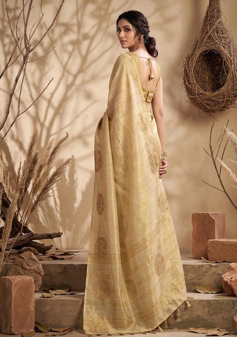Cream Zari Work Silk Saree Set - Indya