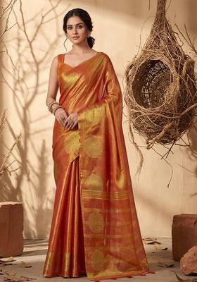 Rust Zari Work Silk Saree Set
