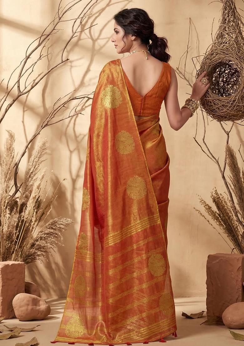 Rust Zari Work Silk Saree Set - Indya