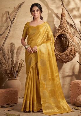 Yellow Zari Work Silk Saree Set