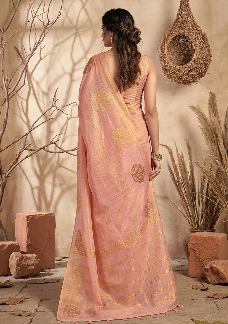 Pink Zari Work Silk Saree Set - Indya