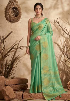 Sea Green Zari Work Silk Saree Set