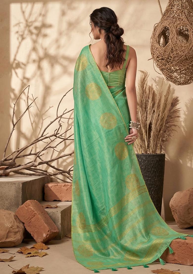 Sea Green Zari Work Silk Saree Set - Indya