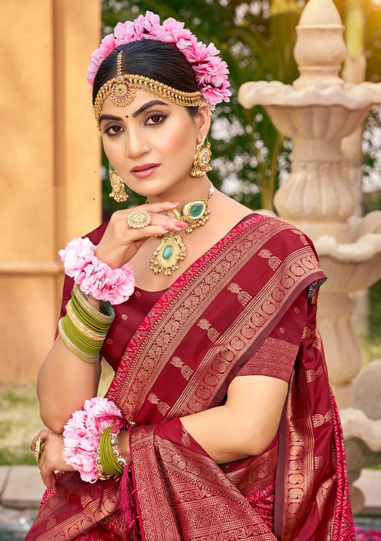 Pink Zari Work Silk Saree Set - Indya