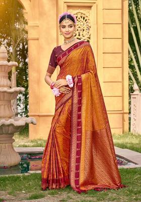 Rust Zari Work Silk Saree Set