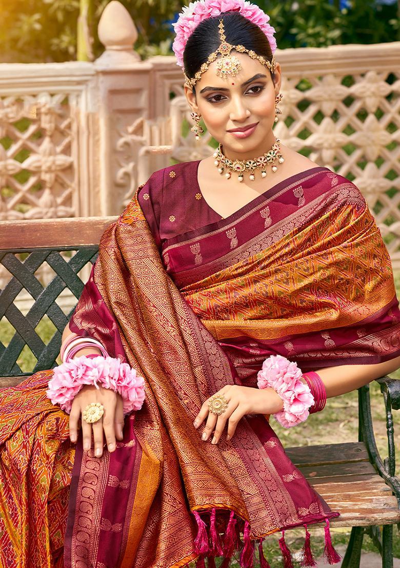 Rust Zari Work Silk Saree Set - Indya