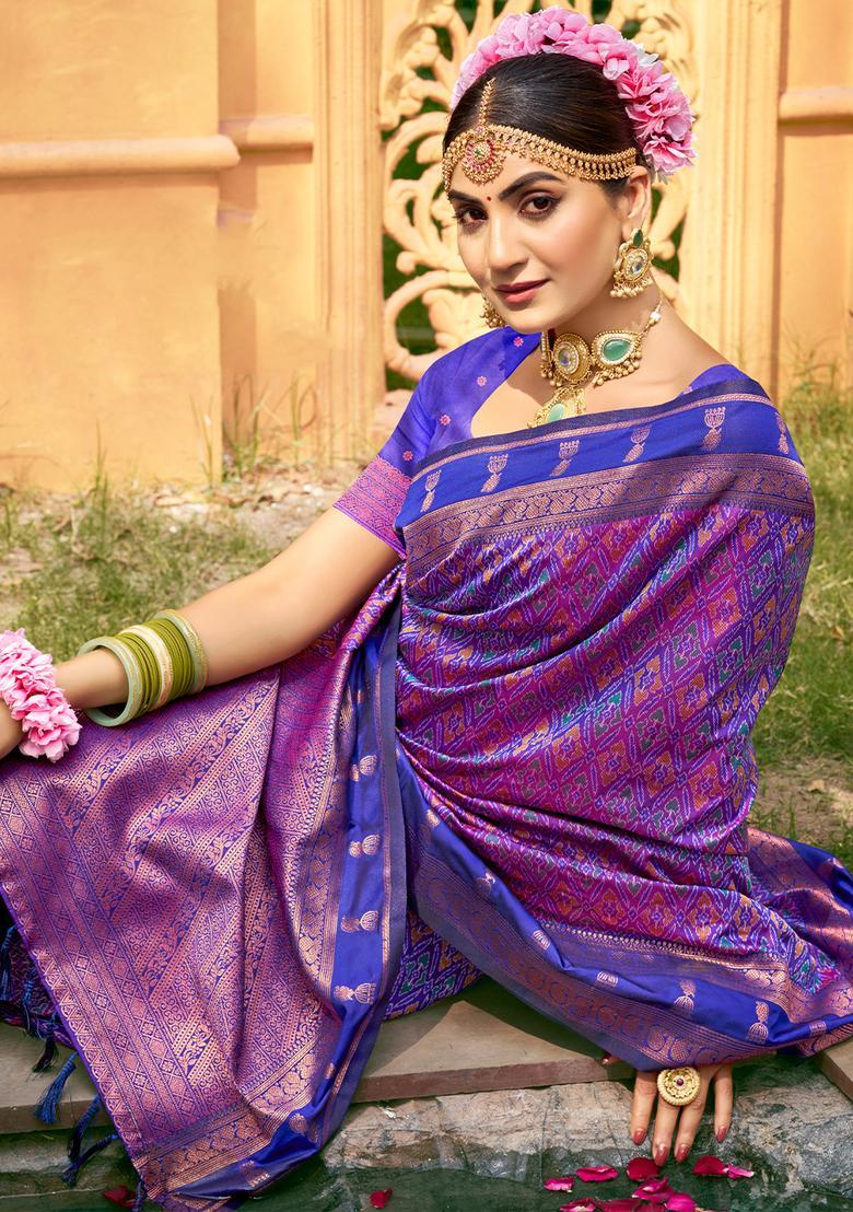 Purple Zari Work Silk Saree Set - Indya