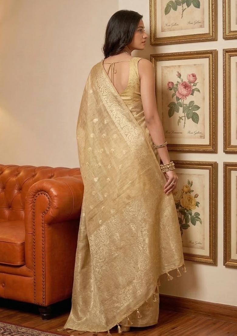 Cream Zari Work Silk Saree Set - Indya