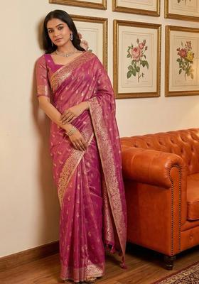Purple Zari Work Silk Saree Set