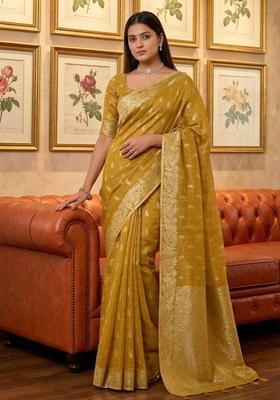 Mustard Zari Work Silk Saree Set