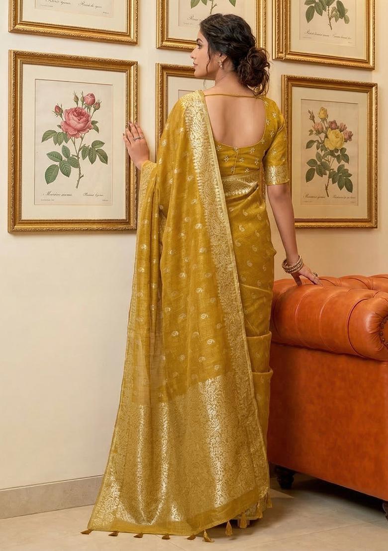 Mustard Zari Work Silk Saree Set - Indya