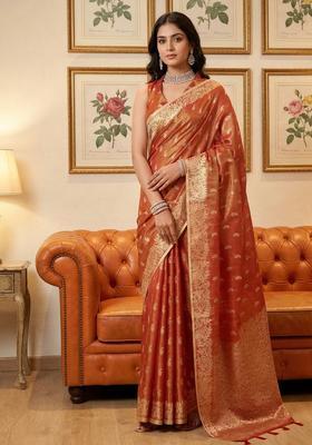 Rust Zari Work Silk Saree Set