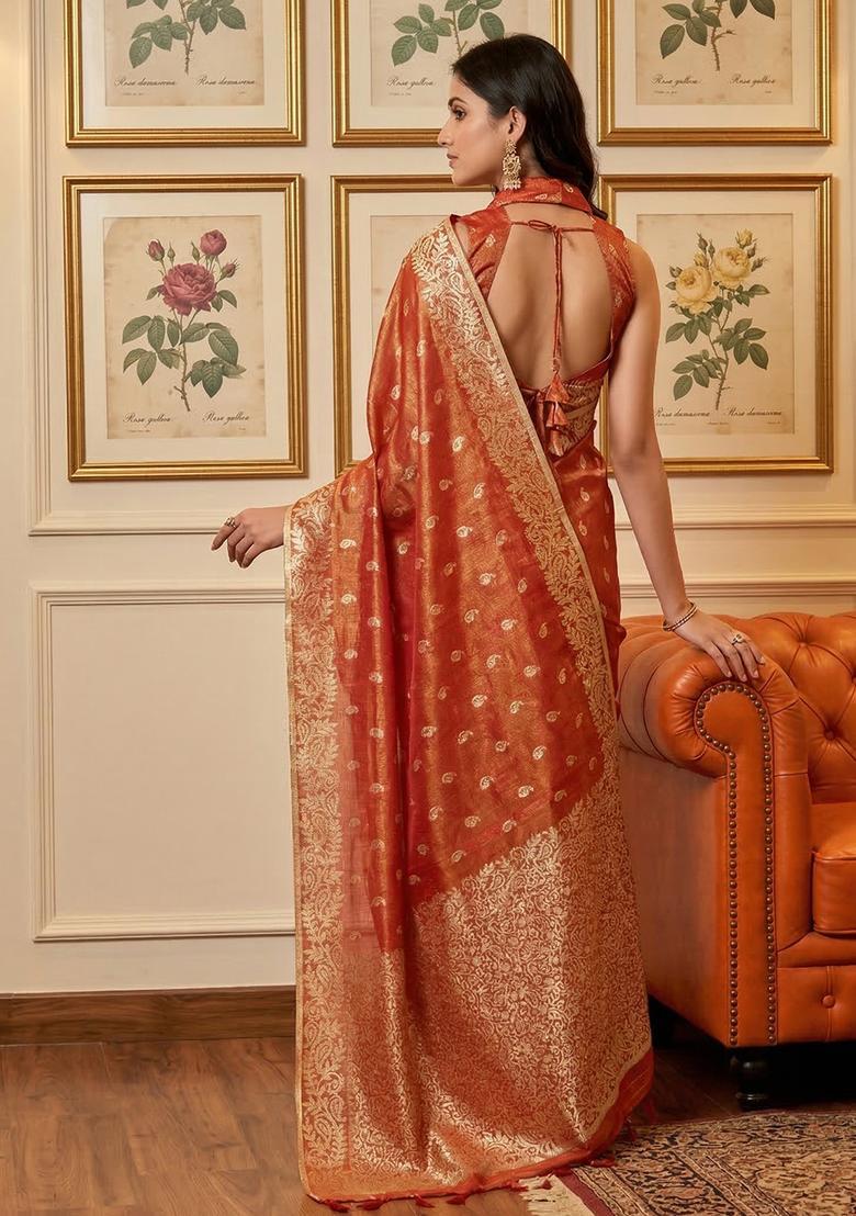 Rust Zari Work Silk Saree Set - Indya