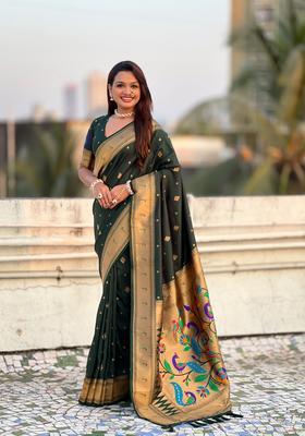 Dark Green Zari Work Silk Saree Set