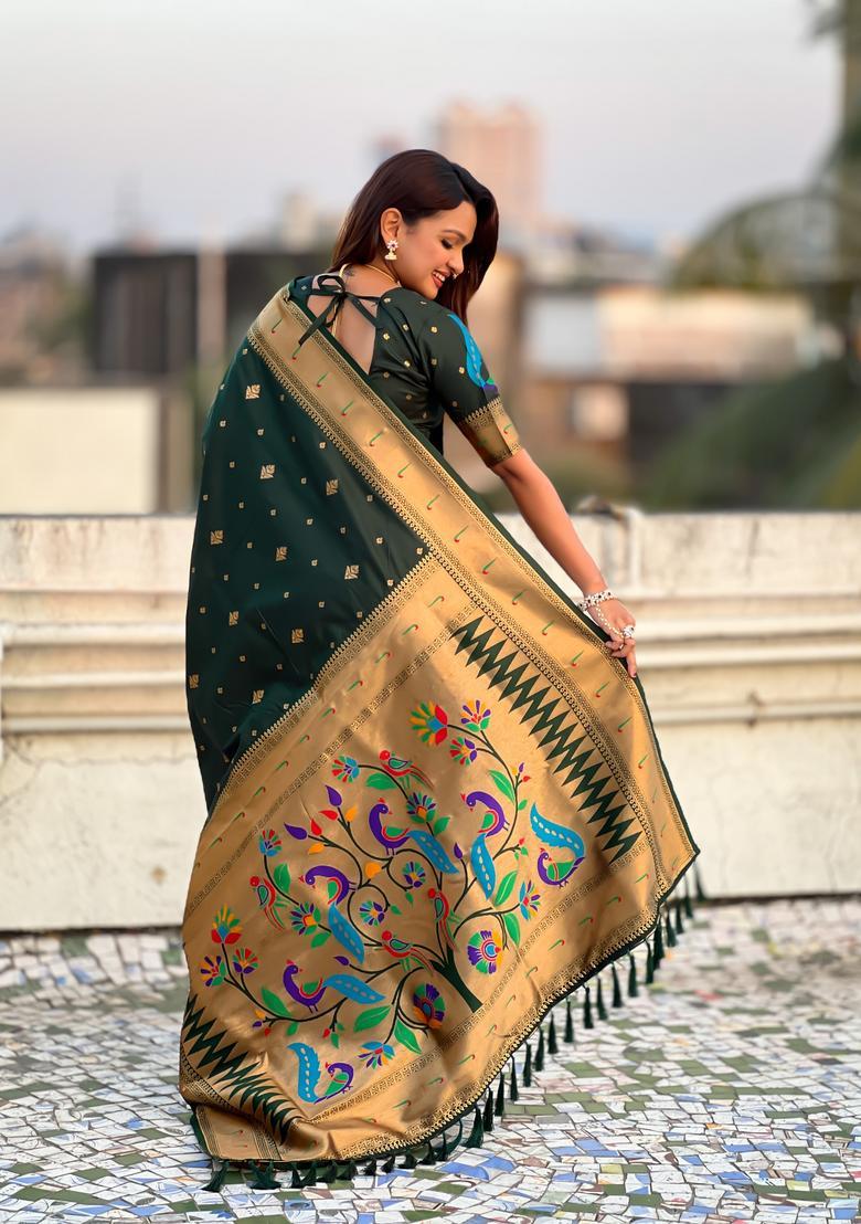 Dark Green Zari Work Silk Saree Set - Indya