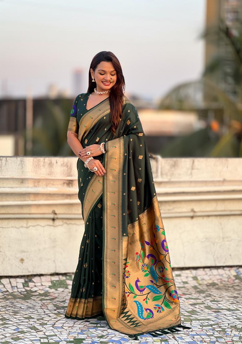 Dark Green Zari Work Silk Saree Set - Indya