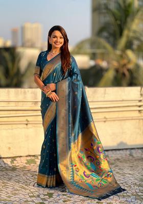 Teal Blue Zari Work Silk Saree Set