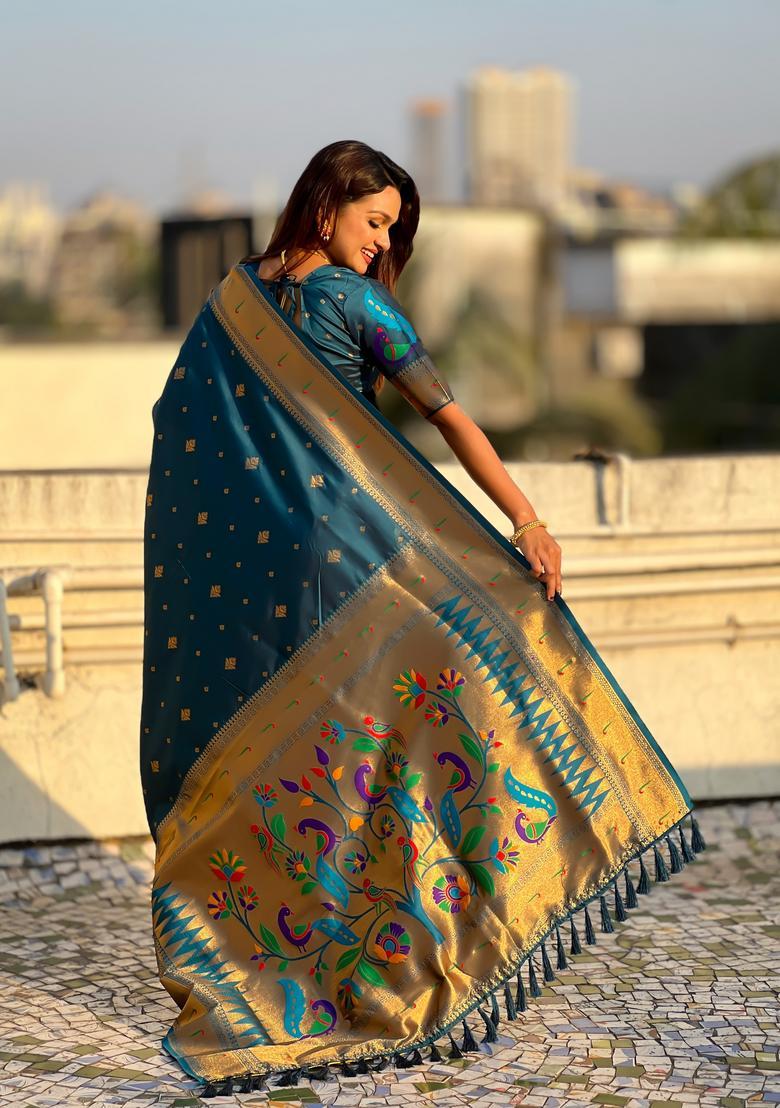 Teal Blue Zari Work Silk Saree Set - Indya