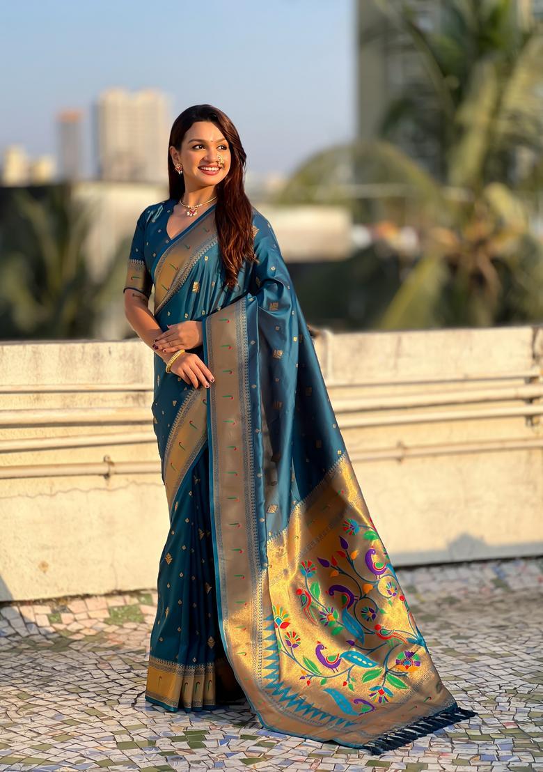 Teal Blue Zari Work Silk Saree Set - Indya