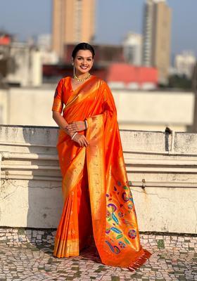 Orange Zari Work Silk Saree Set