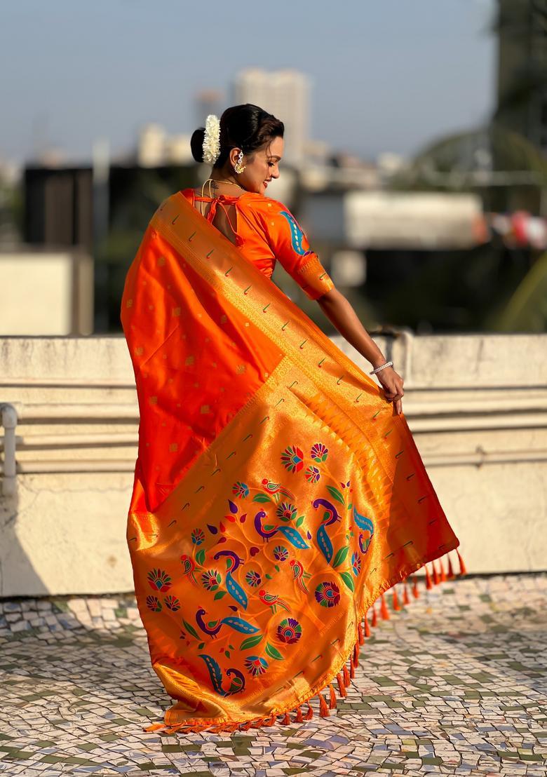 Orange Zari Work Silk Saree Set - Indya