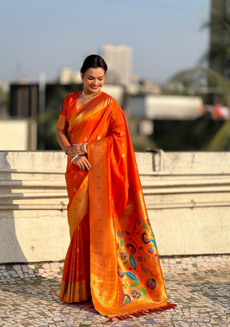 Orange Zari Work Silk Saree Set - Indya